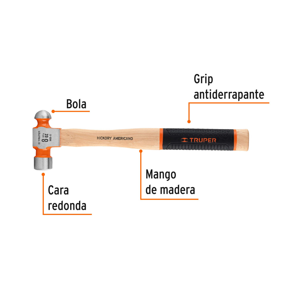 Martillo pulido de bola 8 oz mango hickory, Truper Grip Caja con 4, 16900