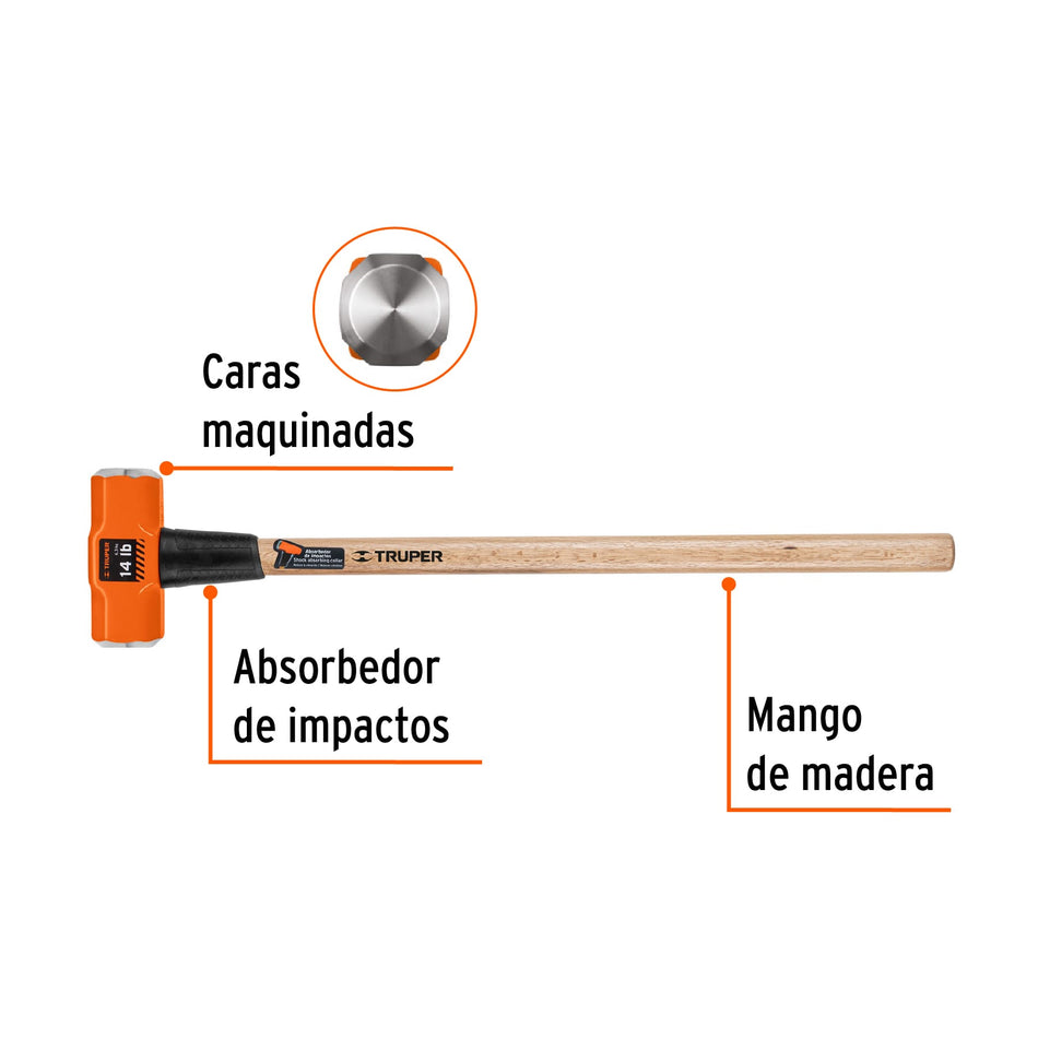 Marro octagonal 14 lb, mango de madera 36', Truper, 16514