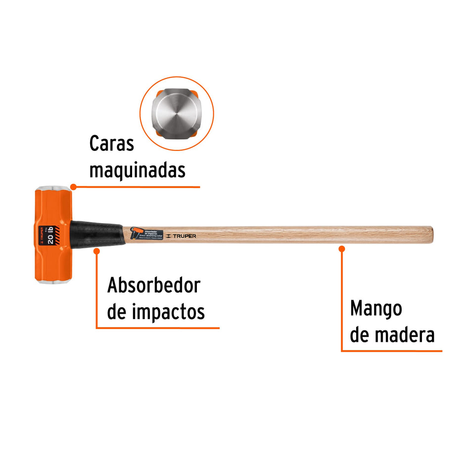 Marro octagonal 20 lb, mango de madera 36', Truper, 16516