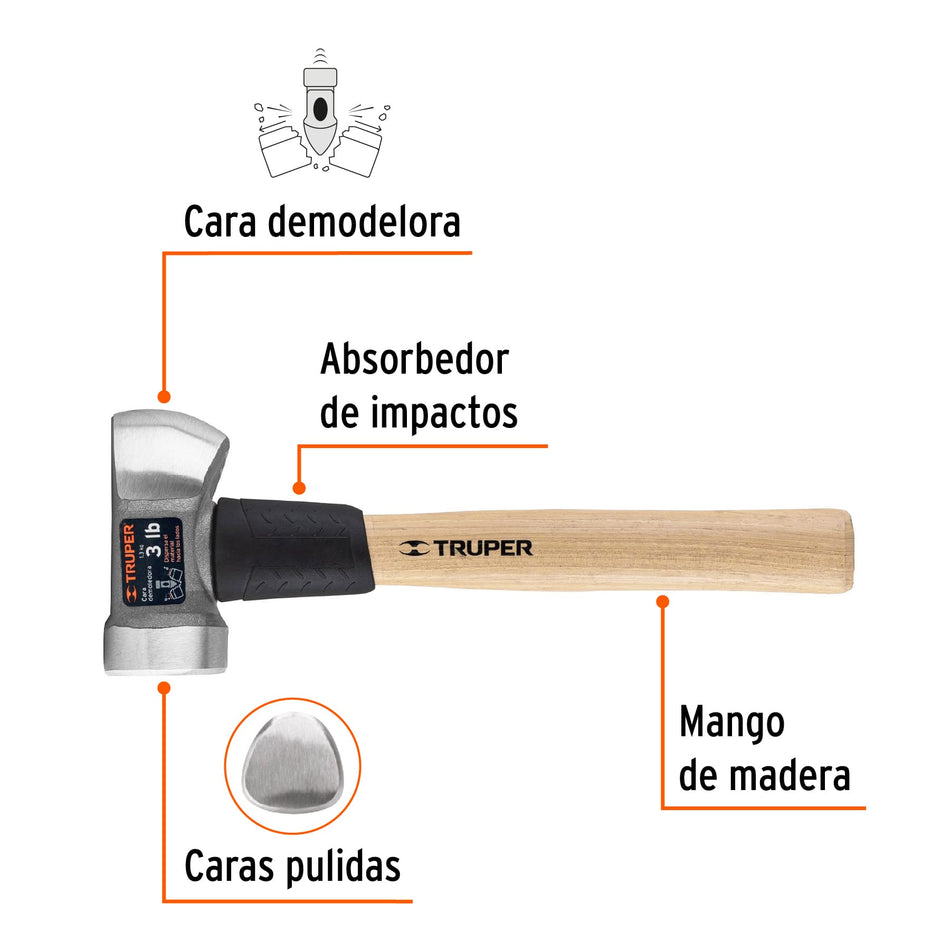 Marro demoledor 3 lb, mango 12', Truper Caja con 4, 11255