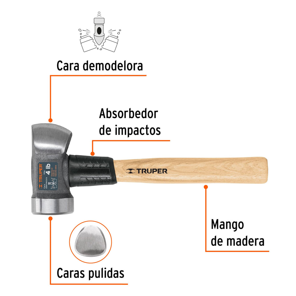 Marro demoledor 4 lb, mango 12', Truper Caja con 4, 11256
