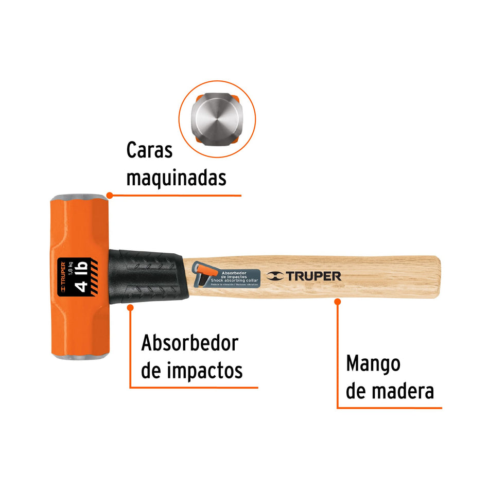 Marro octagonal 4 lb, mango de madera 12', Truper Caja con 4, 16508