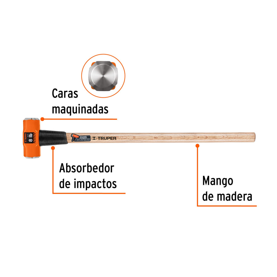 Marro octagonal 8 lb, mango de madera 36', Truper, 16511
