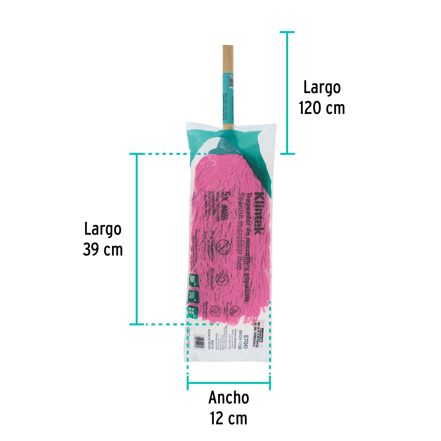 Trapeador de microfibra española, bastón de 120 cm, KLINTEK, 57047