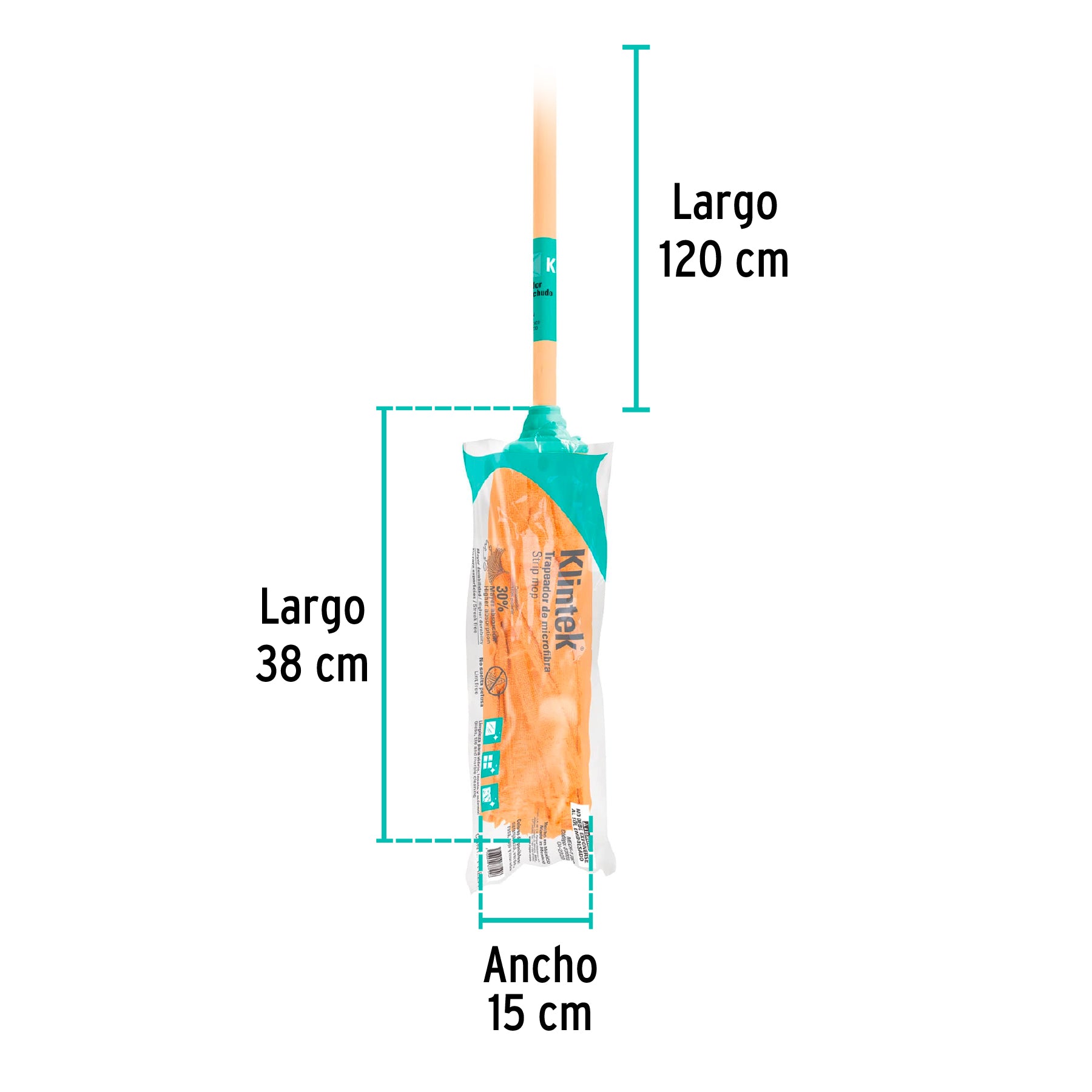 Trapeador de microfibra tipo toalla, bastón 120 cm, KLINTEK, 57022