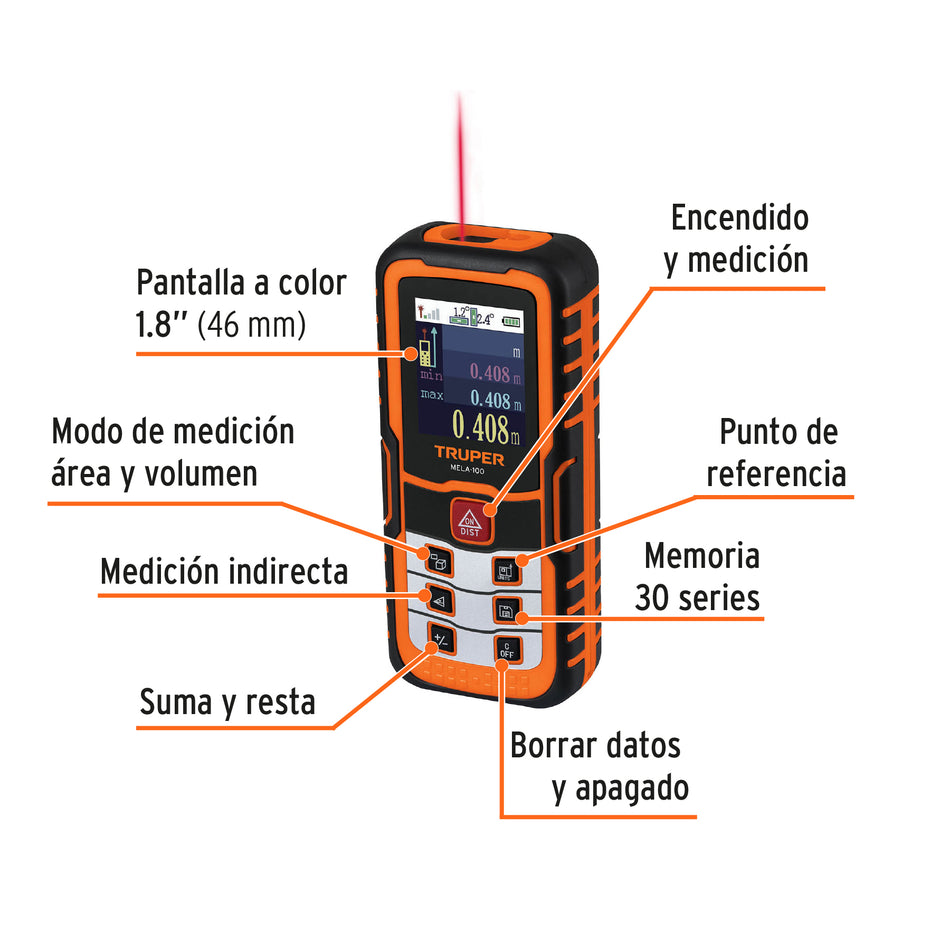 Medidor láser de distancia de 0.05 m a 100 m, Truper, 100374