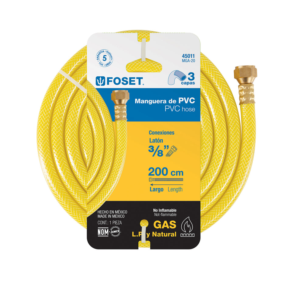 Manguera para gas, PVC amarilla, 3/8'x2 m, c/conexión, Foset Caja con 4, 45011