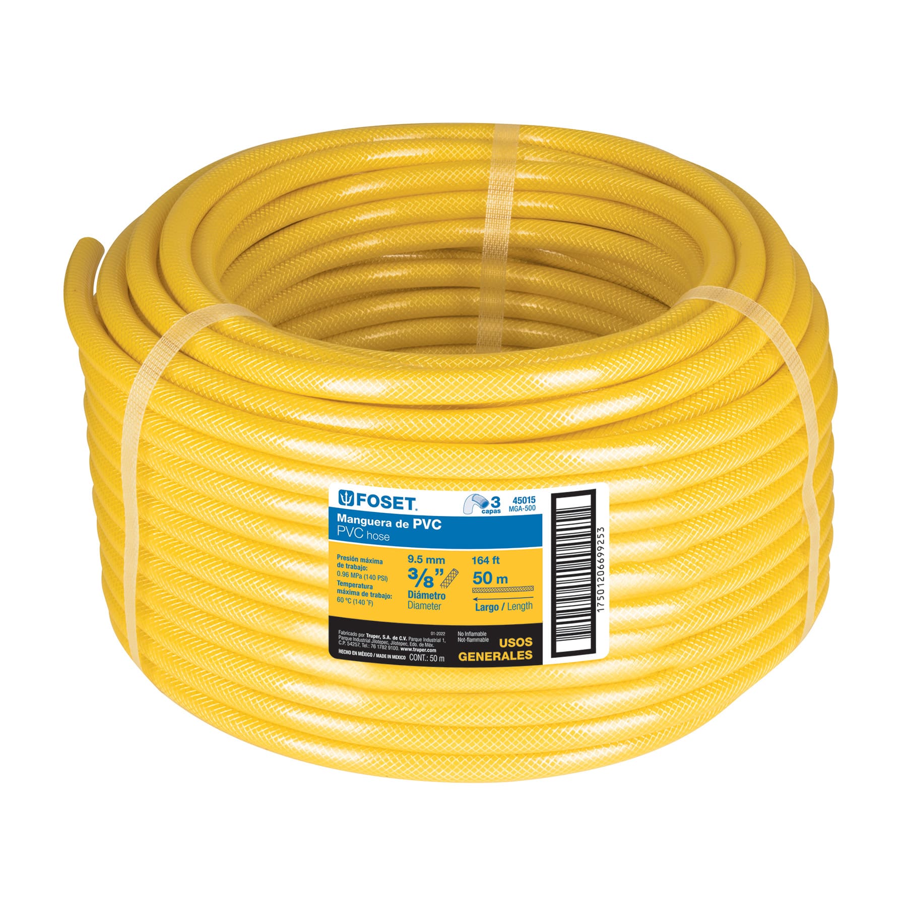 Manguera para gas, PVC amarilla, 3/8'x50m, s/conexión, Foset, 45015