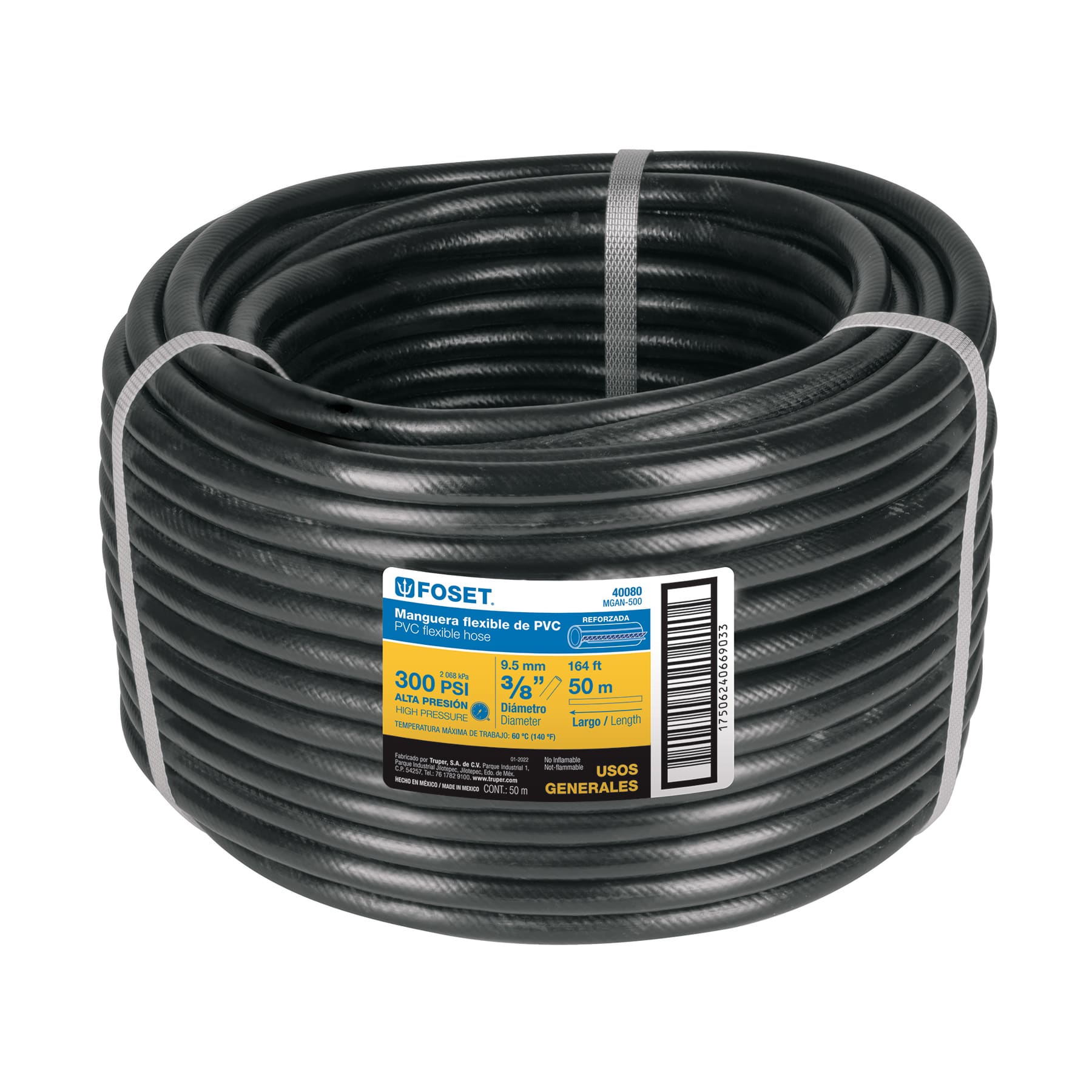 Manguera para gas, PVC negra, 3/8'x50 m, s/conexión, Foset, 40080