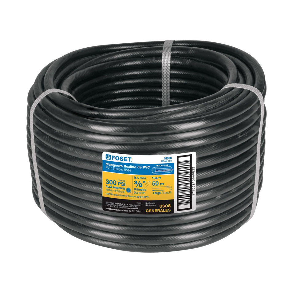 Manguera para gas, PVC negra, 3/8'x50 m, s/conexión, Foset Caja con 50, 40080