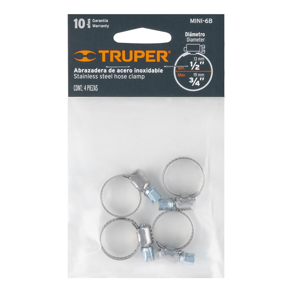 Bolsa c/4 mini abrazaderas sin fin # 6, 1/2 - 3/4', Truper Caja con 12, 10031