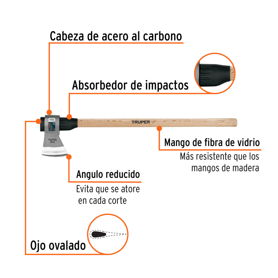Hacha media labor 3 lb, mango de madera 36', TRUPER Caja con 2, 102982
