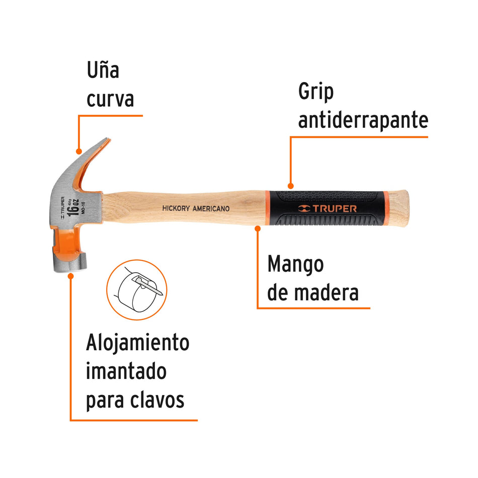 Martillo pulido 16 oz uña curva, mango hickory, Truper Grip Caja con 4, 16654