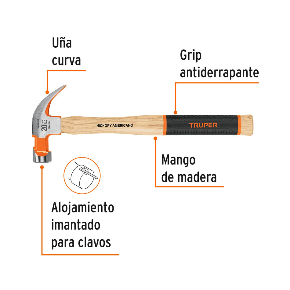 Martillo pulido 20 oz uña curva, mango hickory, Truper Grip Caja con 4, 16656
