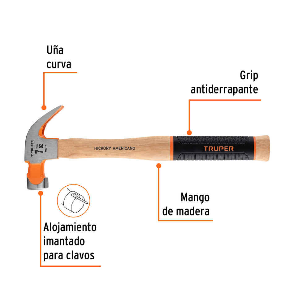 Martillo pulido 7 oz uña curva, mango hickory, Truper Grip Caja con 4, 16650