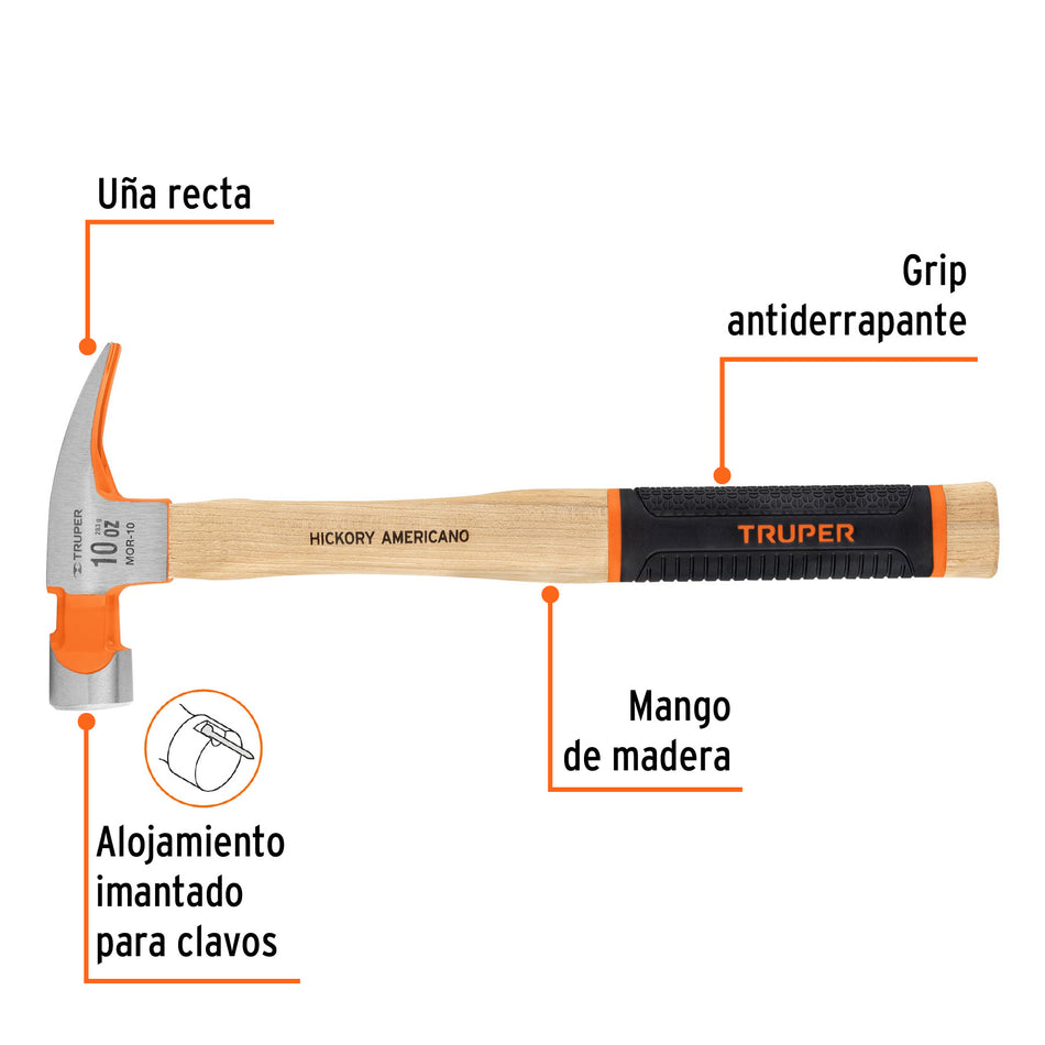 Martillo pulido 10 oz uña recta, mango hickory, Truper Grip Caja con 4, 19711