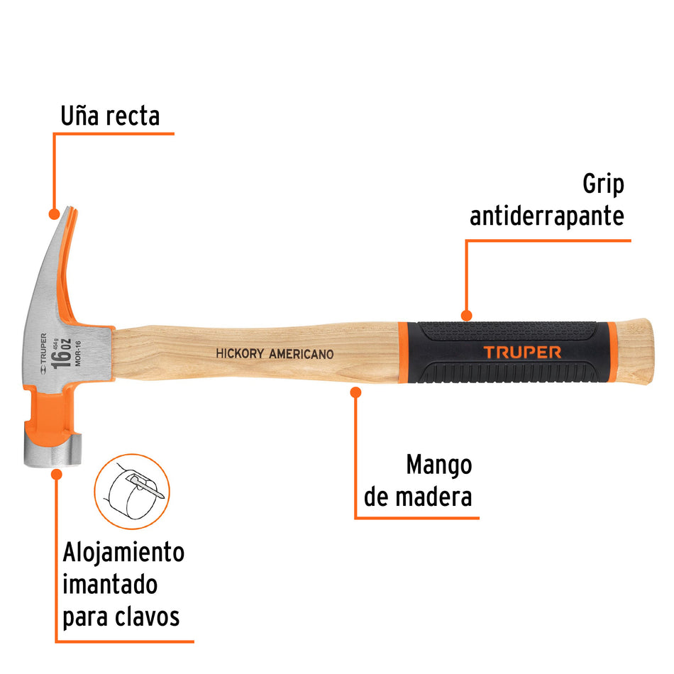Martillo pulido 16 oz uña recta, mango hickory, Truper Grip Caja con 4, 16658