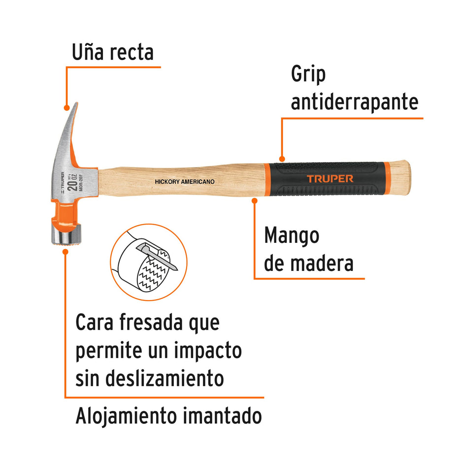 Martillo pulido 20 oz uña recta, boca fresada, Truper Grip Caja con 4, 16663