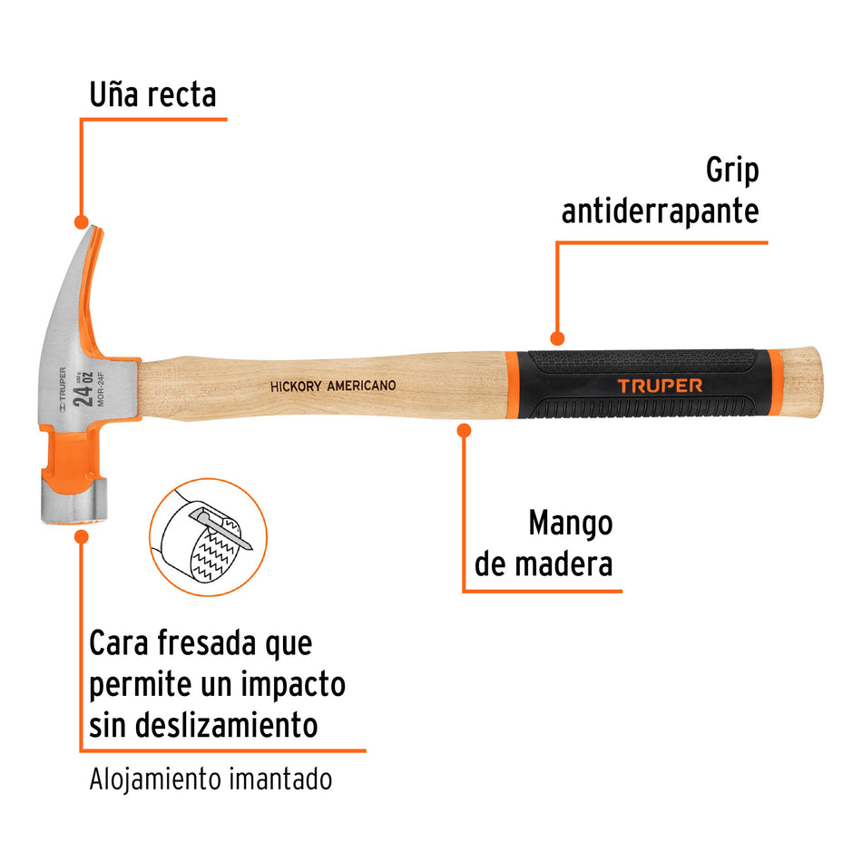 Martillo pulido 24 oz uña recta, boca fresada, Truper Grip Caja con 4, 16662