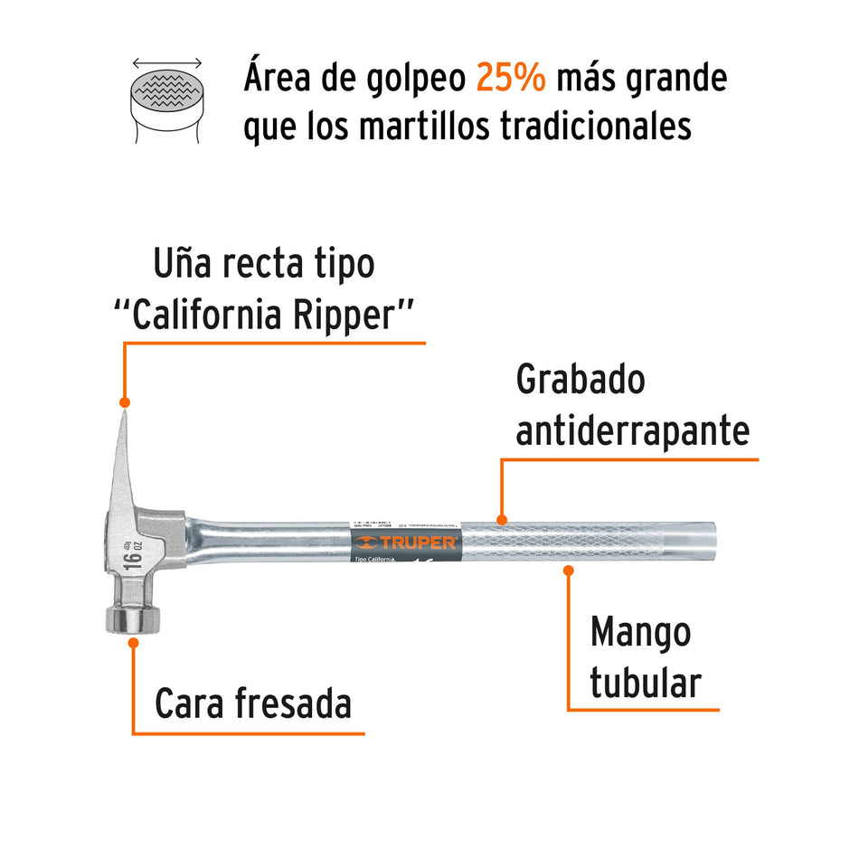 Martillo tubular 16 oz uña California Ripper, cara fresada Caja con 4, 10643