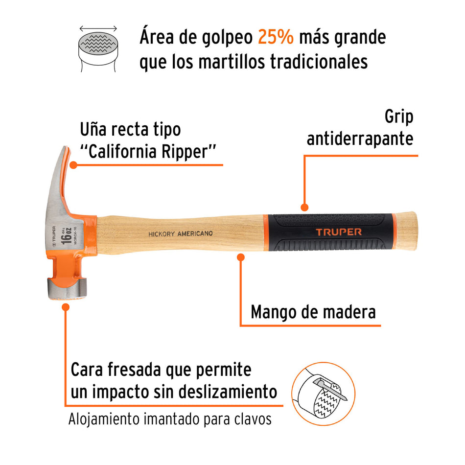 Martillo 16 oz uña recta tipo California Ripper, Truper Grip Caja con 4, 19989