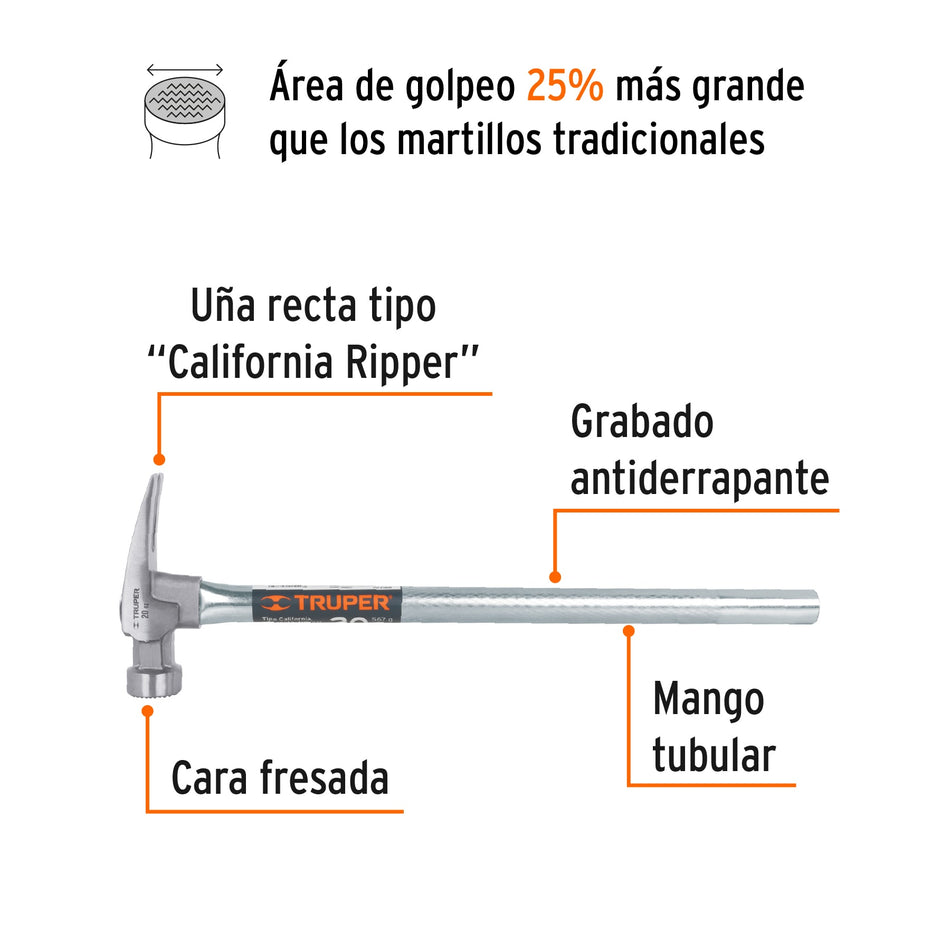 Martillo tubular 20 oz uña California Ripper, cara fresada Caja con 4, 10644