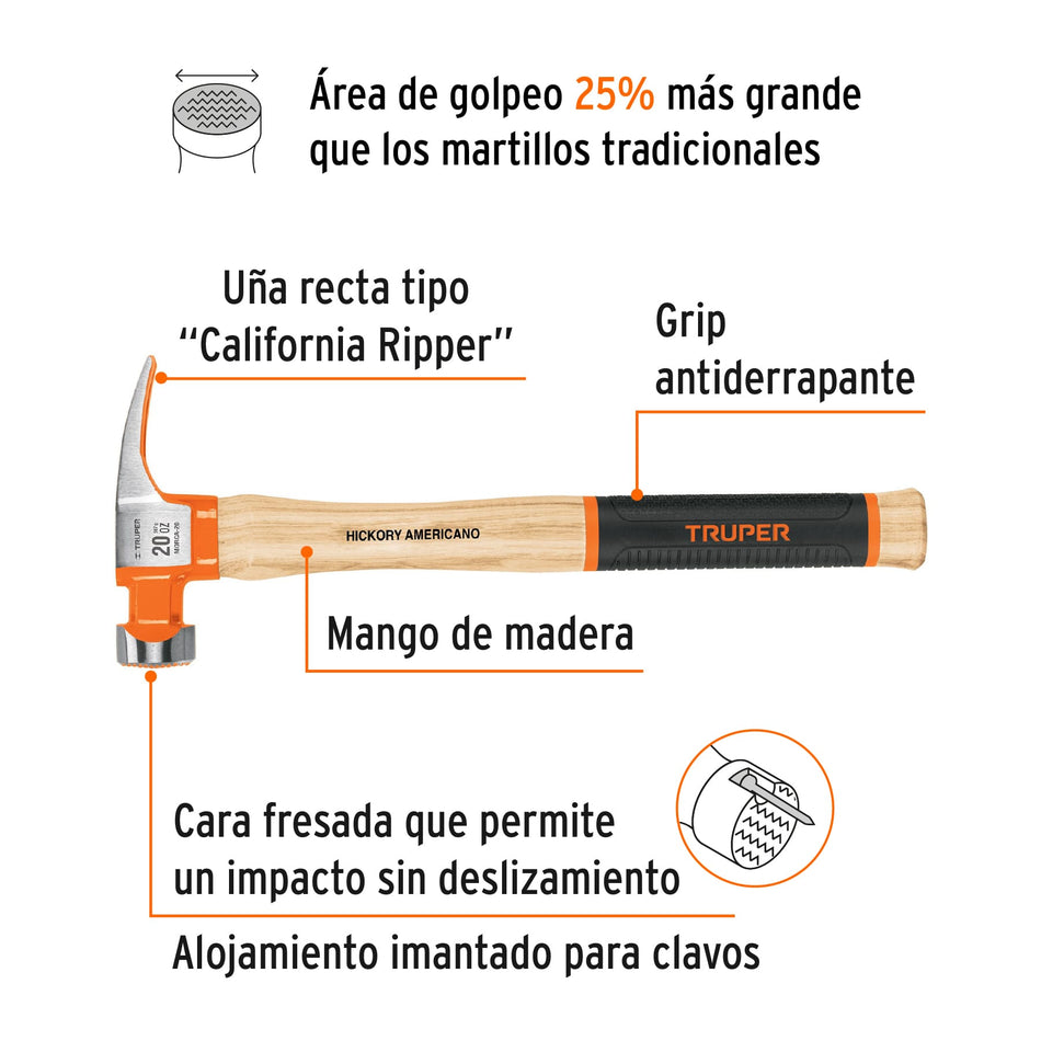 Martillo 20 oz uña recta tipo California Ripper, Truper Grip Caja con 4, 19990