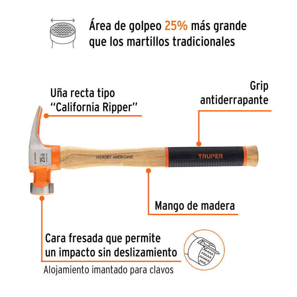 Martillo 25 oz uña recta tipo California Ripper, Truper Grip Caja con 4, 16863