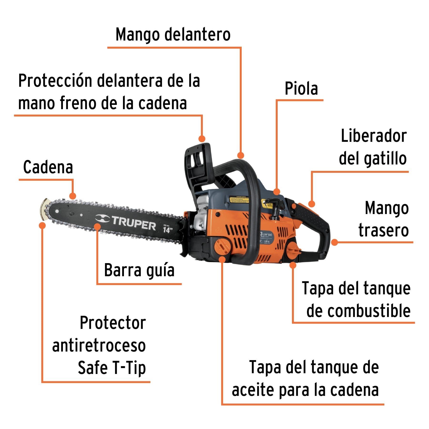 Motosierra 33 cc a gasolina con barra de 14', Truper, 16615