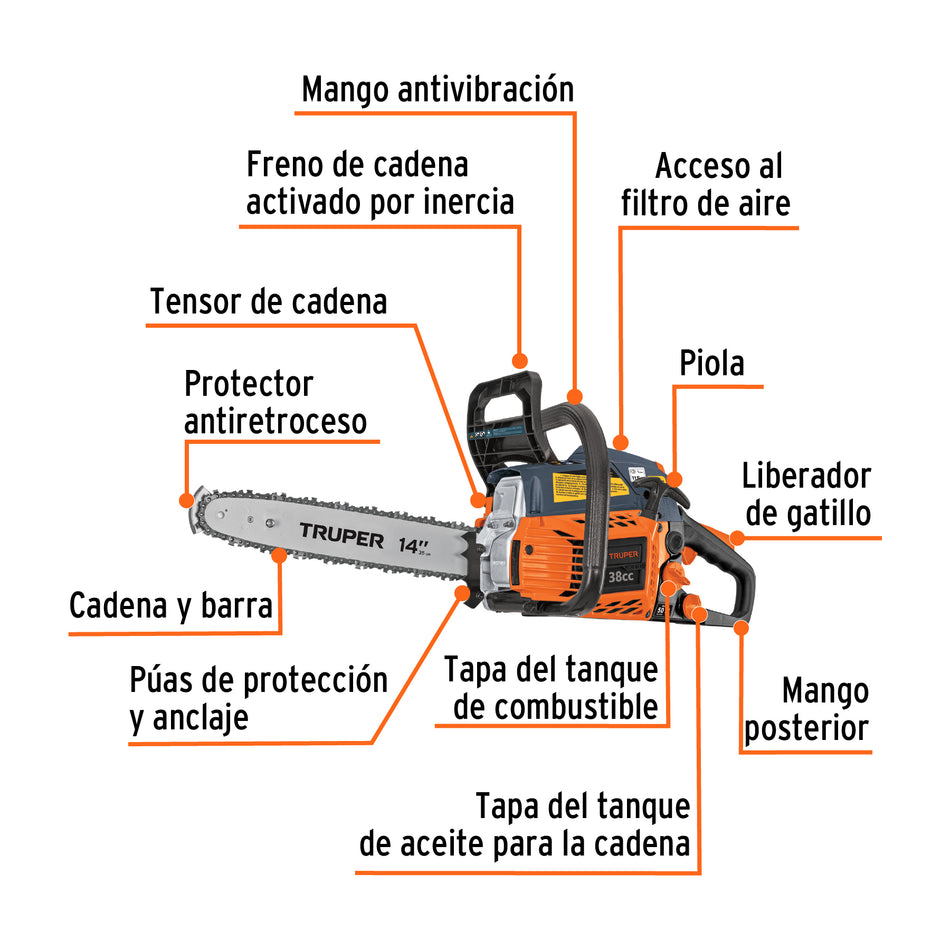 Motosierra 38 cc a gasolina con barra de 14', Truper, 102735