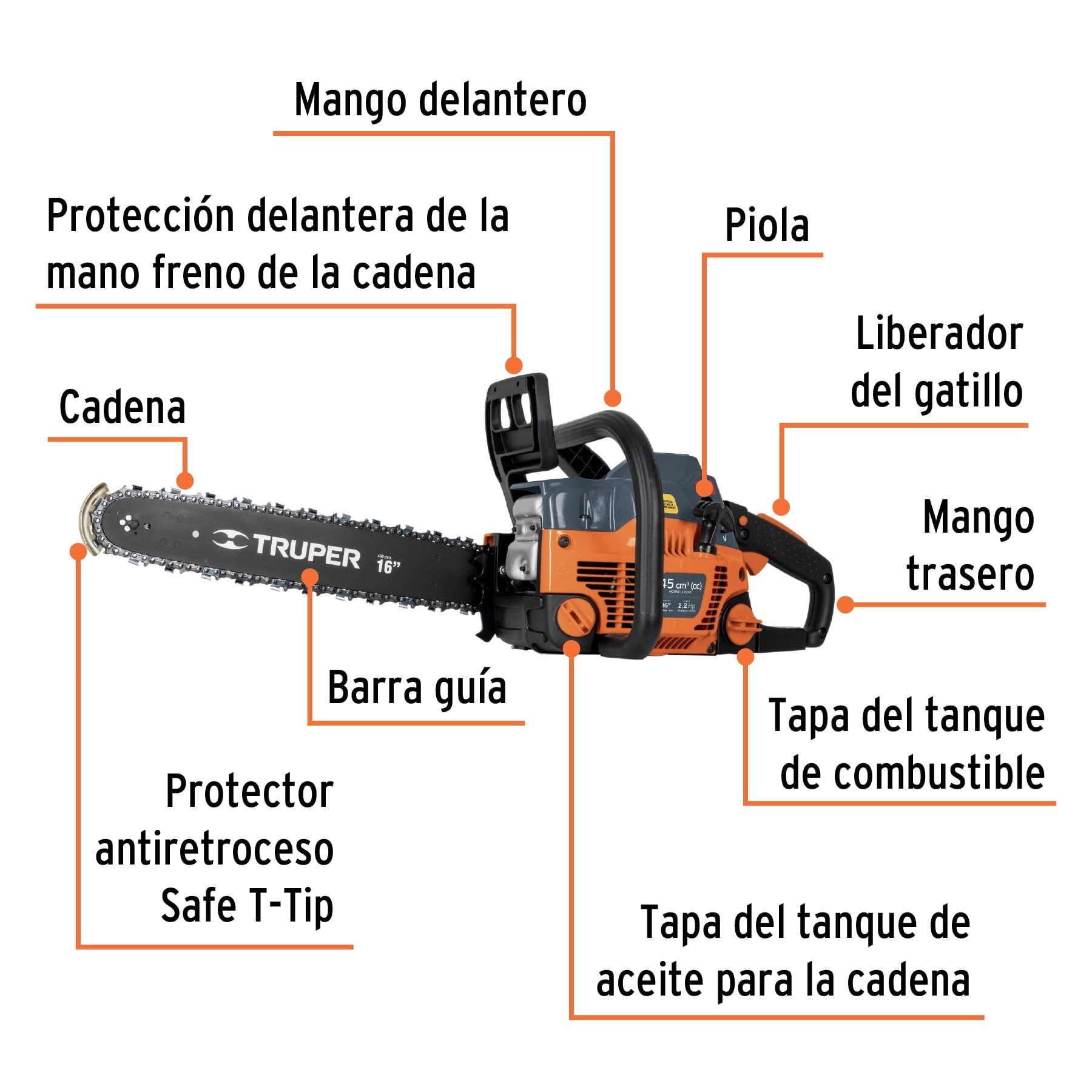 Motosierra 45 cc a gasolina con barra de 16', Truper, 16620