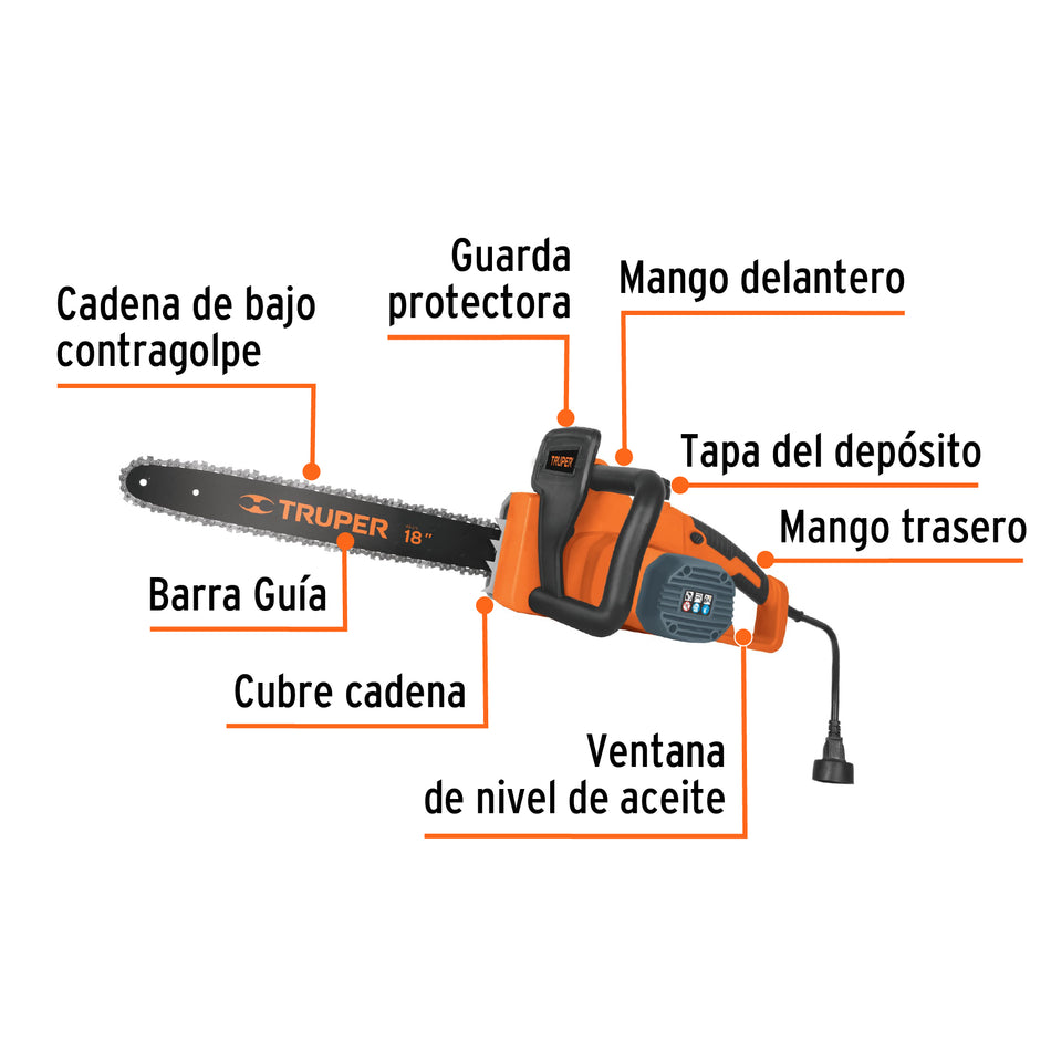 Motosierra eléctrica 1600 W con barra de 18', Truper, 16295