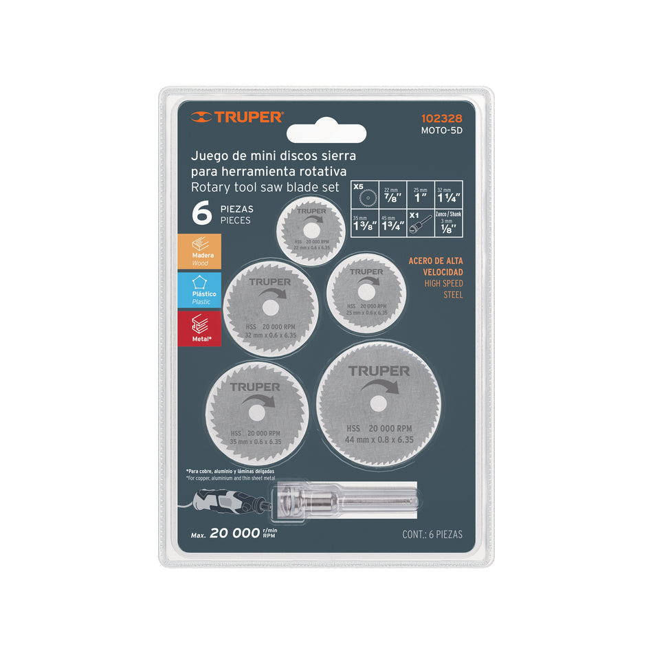 Kit de minidiscos sierra p/herramienta rotativa,5 pzs,TRUPER Caja con 4, 102328