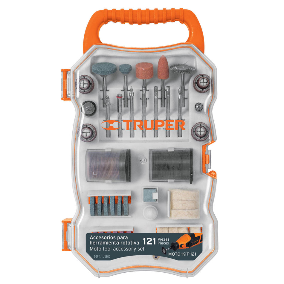 Kit de accesorios p/herramienta rotativa, 121 pzs, TRUPER Caja con 2, 100757