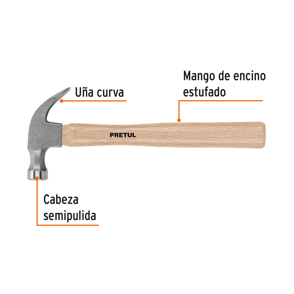 Martillo semipulido, 16 oz, uña curva, PRETUL Caja con 6, 22290