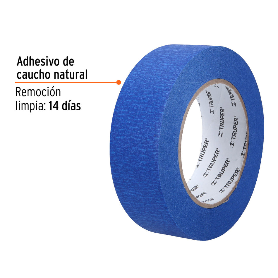 Cinta masking tape azul de 1-1/2' x 50 m para pintor, Truper Caja con 3, 12623
