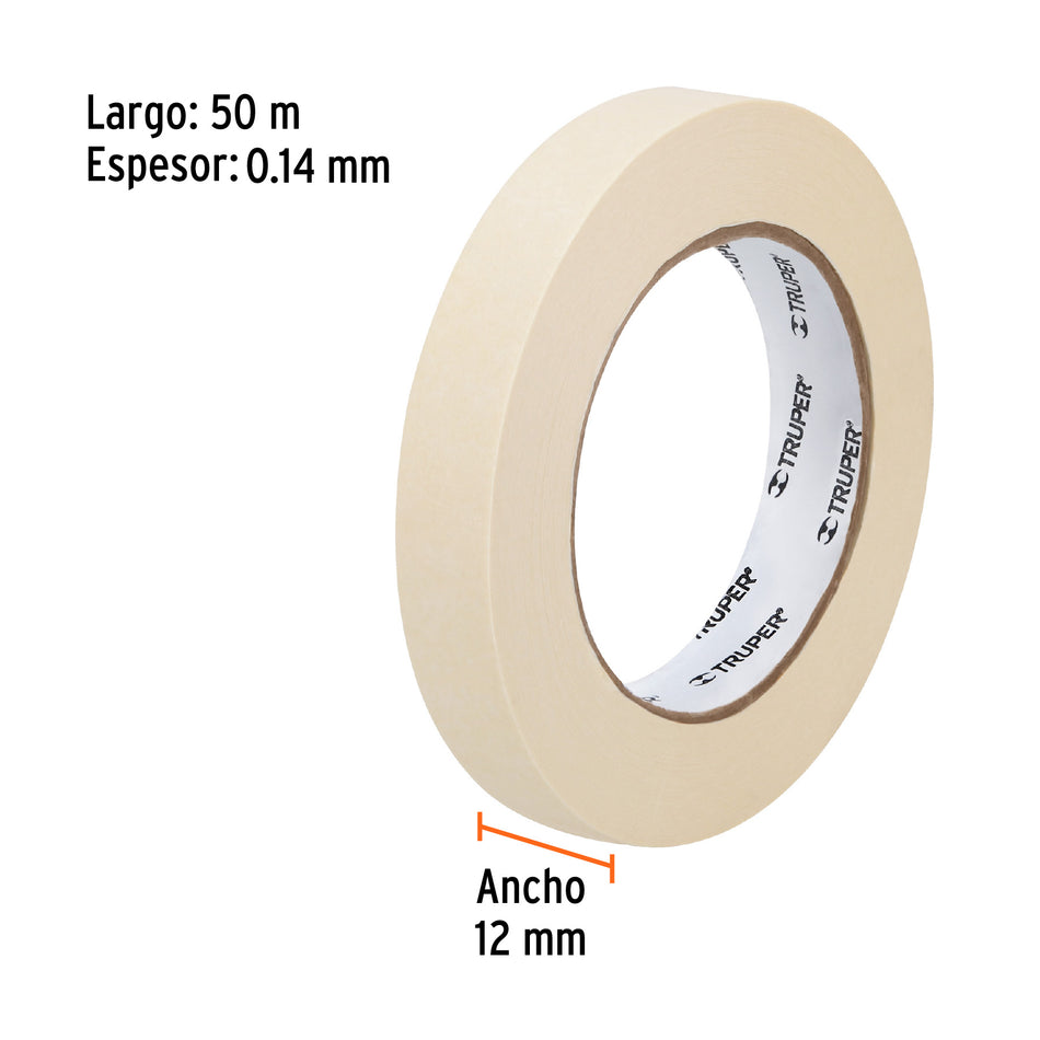 Cinta masking tape de 1/2' x 50 m, Truper Caja con 12, 12589