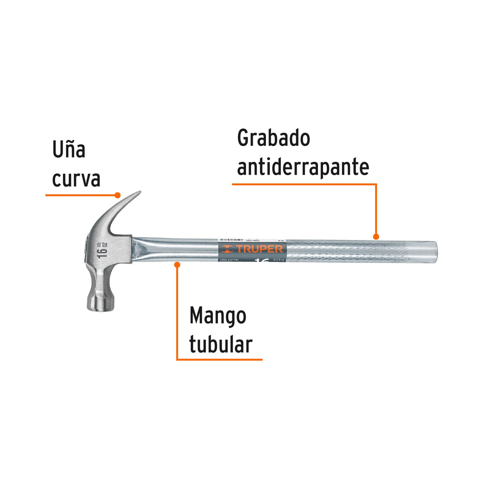 Martillo tubular pulido 16 oz uña curva, Truper Caja con 4, 16701