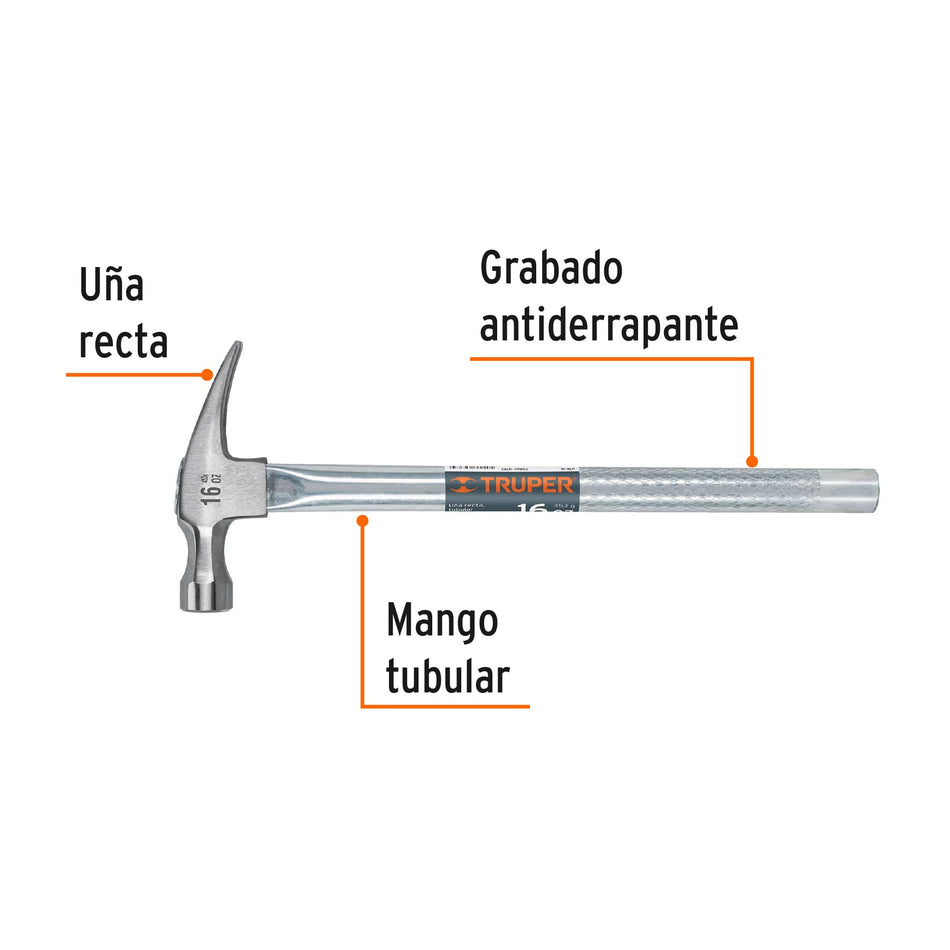 Martillo tubular pulido 16 oz uña recta, Truper Caja con 4, 16702