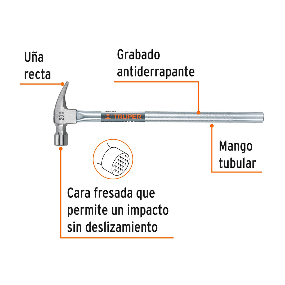 Martillo tubular pulido 20oz cara fresada, uña recta, Truper Caja con 4, 16704