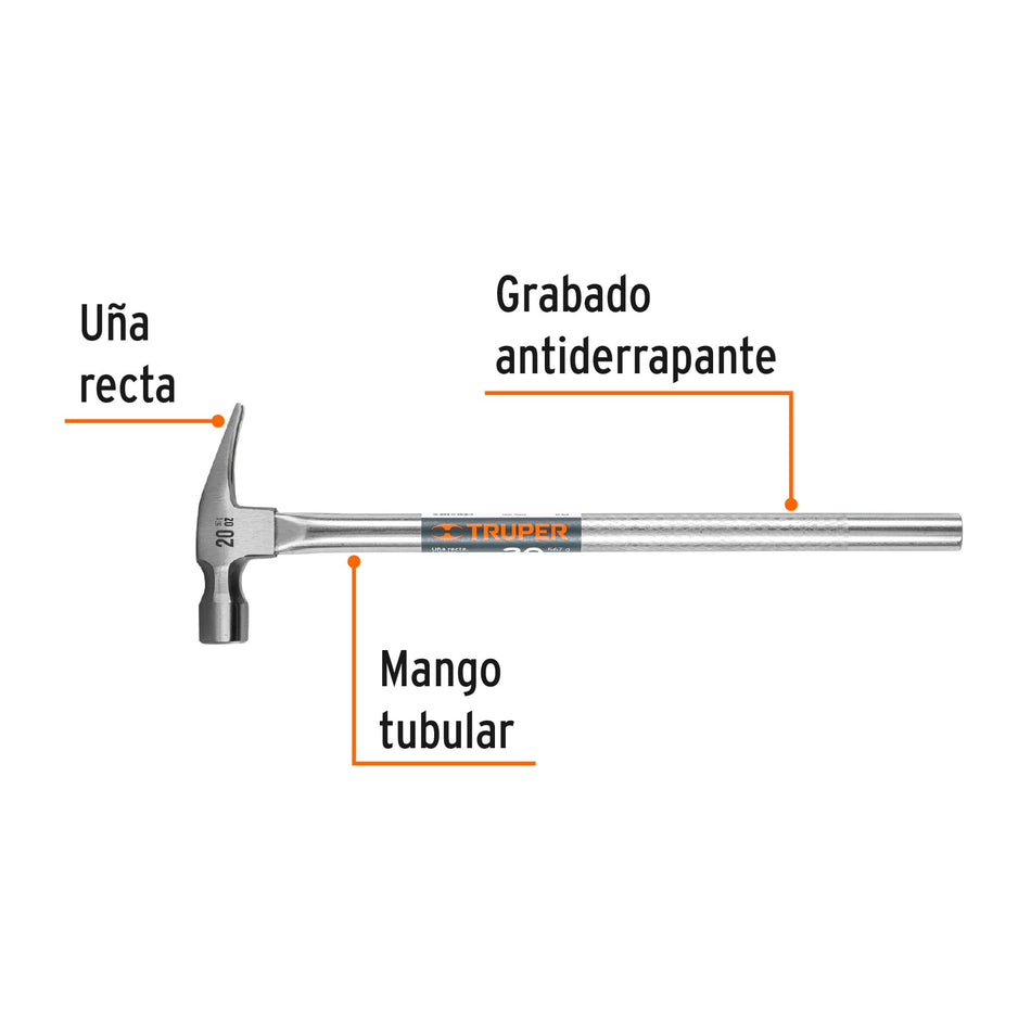 Martillo tubular pulido 20 oz uña recta, Truper Caja con 4, 16703