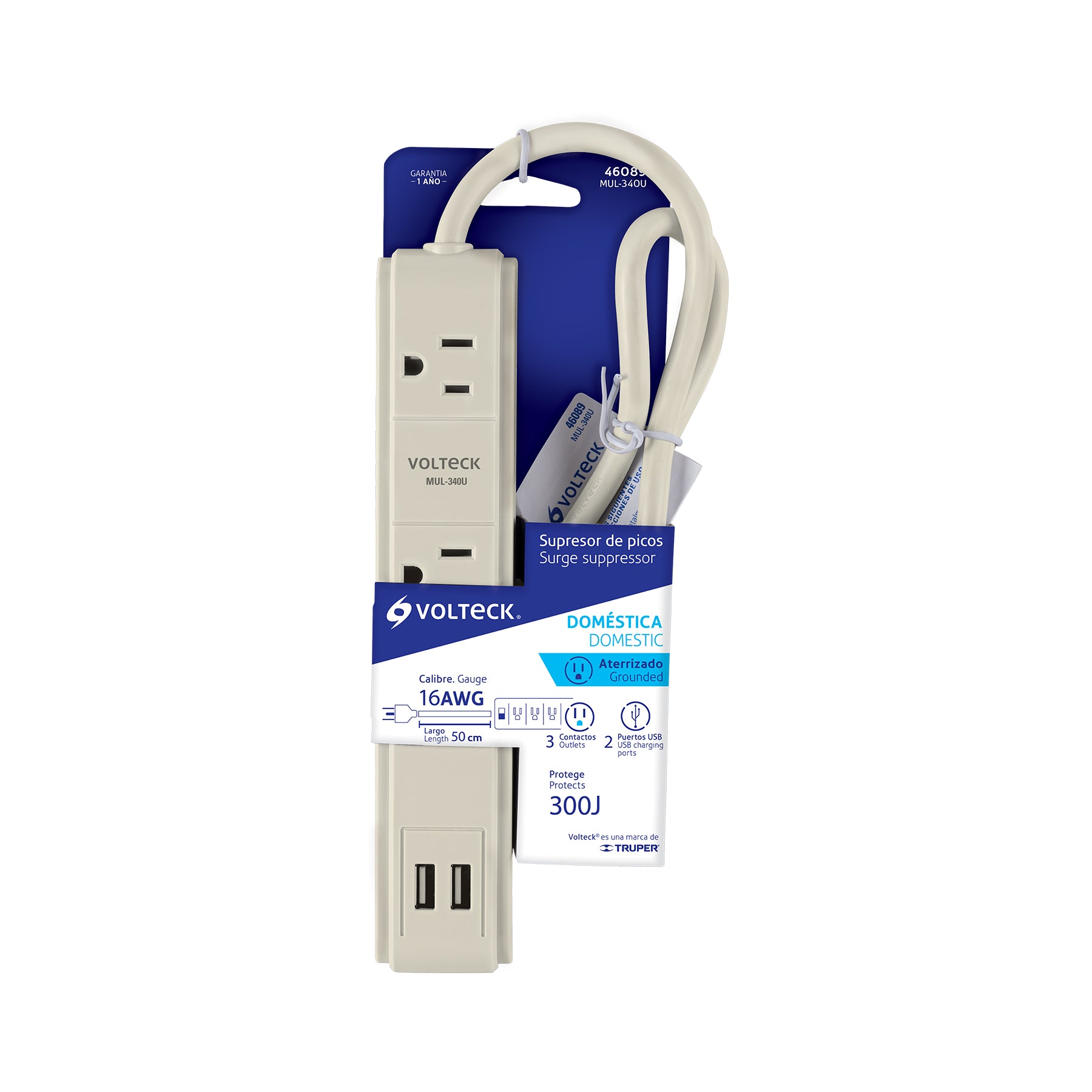 Multicontacto 16 AWG 3 entradas 2 puertos USB supresor 300 J, 46089