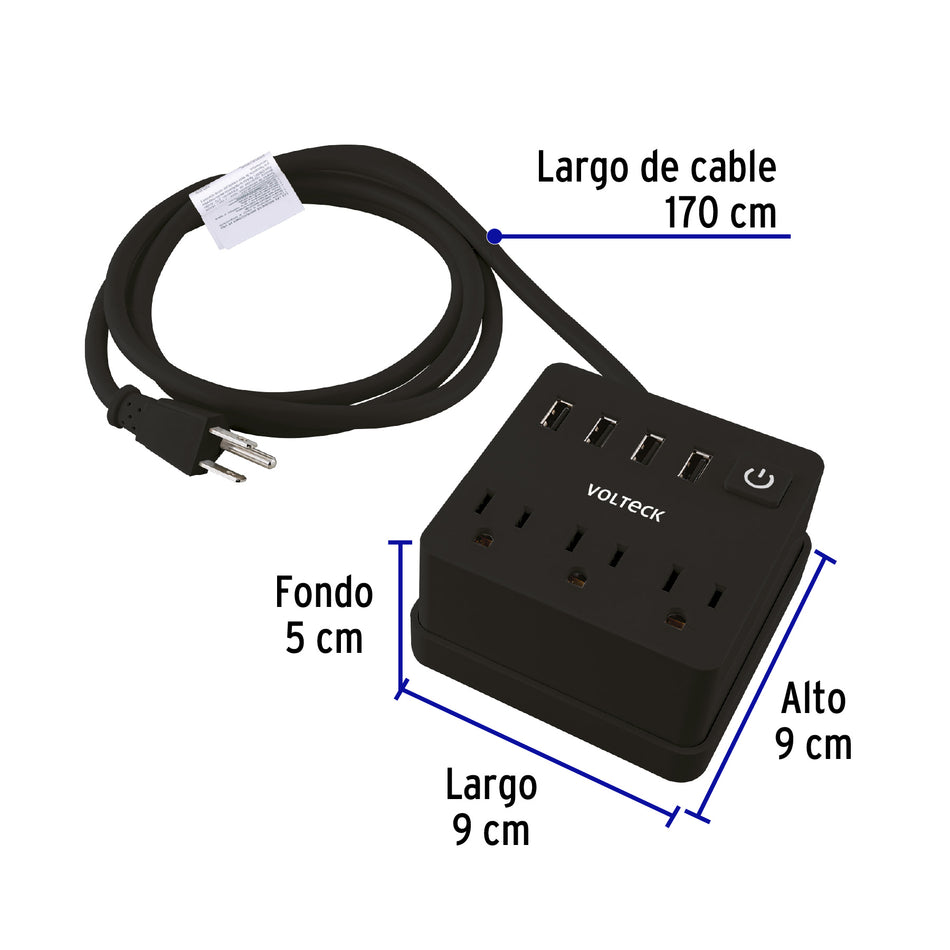 Multicontacto 16 AWG doméstico, 3 entradas 4 ptos USB, negro Caja con 2, 49321