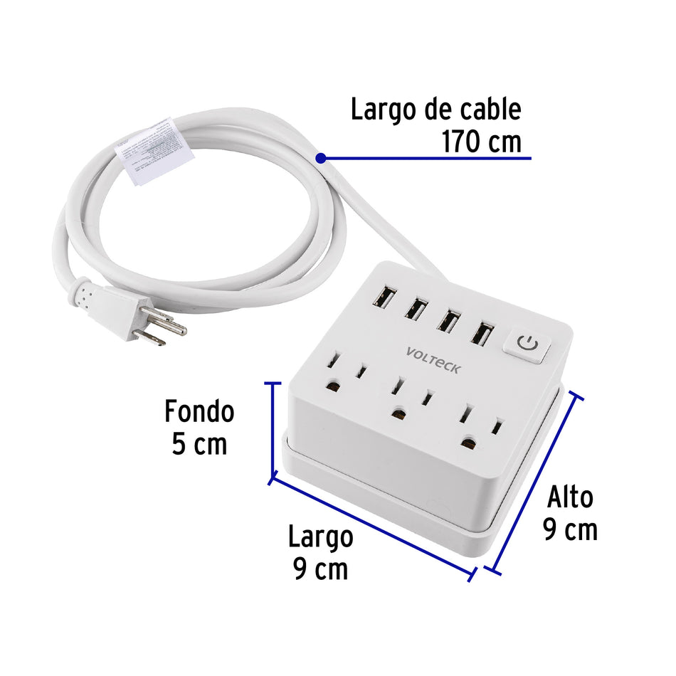 Multicontacto 16 AWG doméstico 3 entradas 4 ptos USB, blanco Caja con 2, 49322