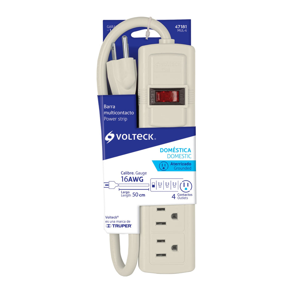 Multicontacto 16 AWG uso rudo con 4 entradas, Volteck Caja con 6, 47181