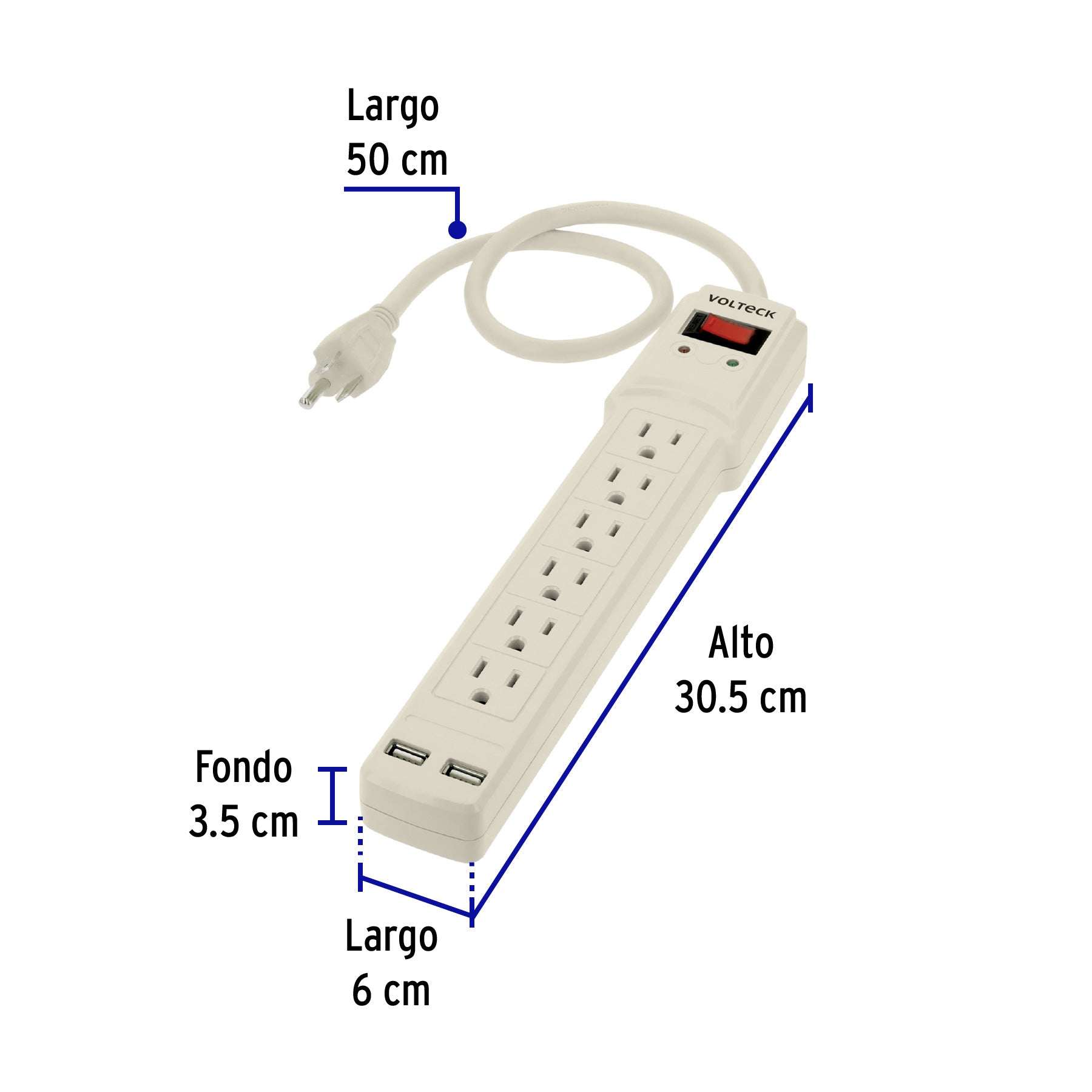 Multicontacto 16 AWG 6 entradas 2 ptos. USB sup. 150J marfil, 46329