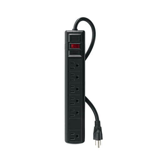 Multicontacto 14 AWG 6 ent., sup. de picos 450 joules, negro Caja con 6, 47804