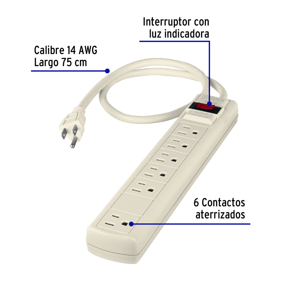 Multicontacto 14 AWG 6 entradas supresor de picos 450 joules Caja con 6, 47184