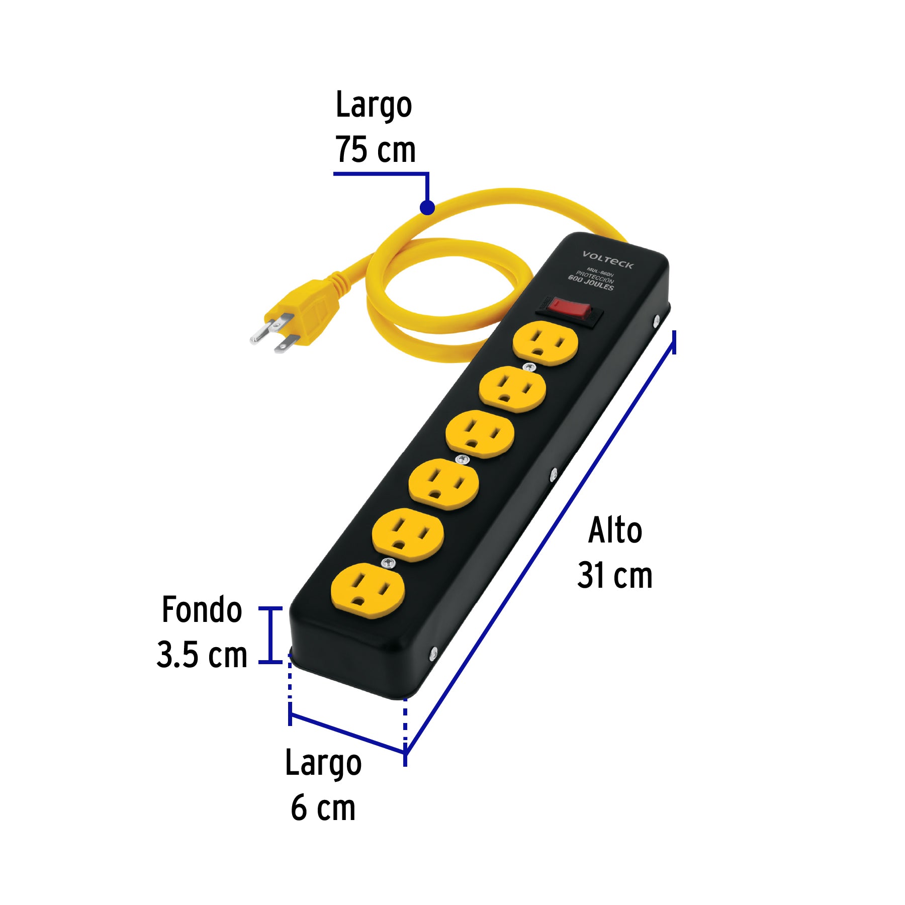 Multicontacto 14 AWG, 6 entradas sup. de picos 600 J, negro, 46719