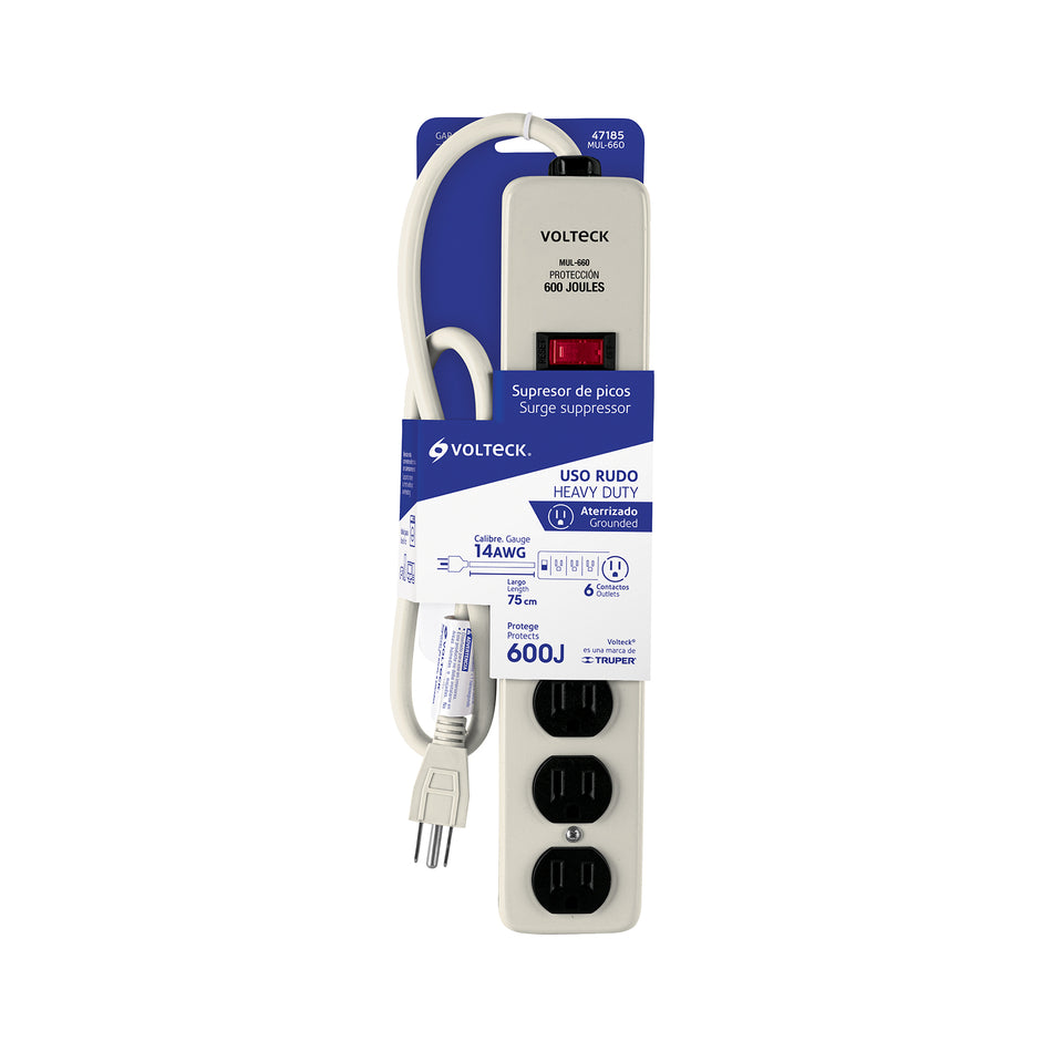 Multicontacto 14 AWG 6 entradas supresor de picos 600 joules Caja con 4, 47185